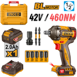 INGCO CIWLI42461, 42V Compact Brushless Cordless 1/2" Impact Wrench Set, 460Nm, With Accessories Set