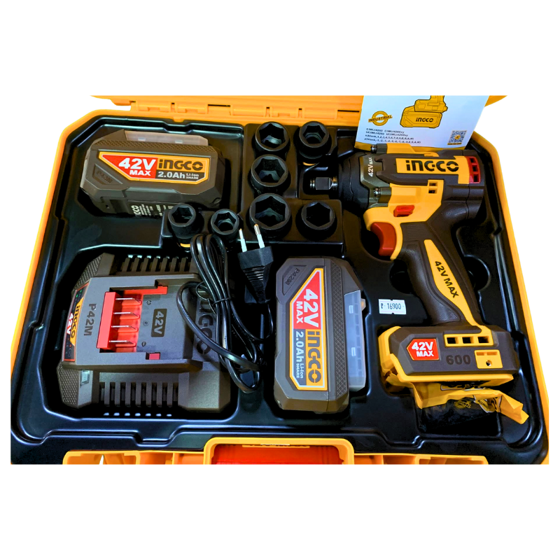 INGCO CIWLI42461, 42V Compact Brushless Cordless 1/2" Impact Wrench Set, 460Nm, With Accessories Set