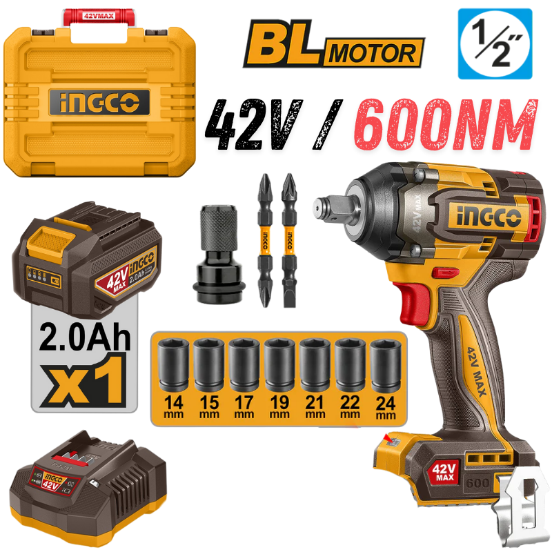 INGCO CIWLI42602, 42V Compact Brushless Cordless 1/2" Impact Wrench Set, 600Nm, With Accessories Set Main image