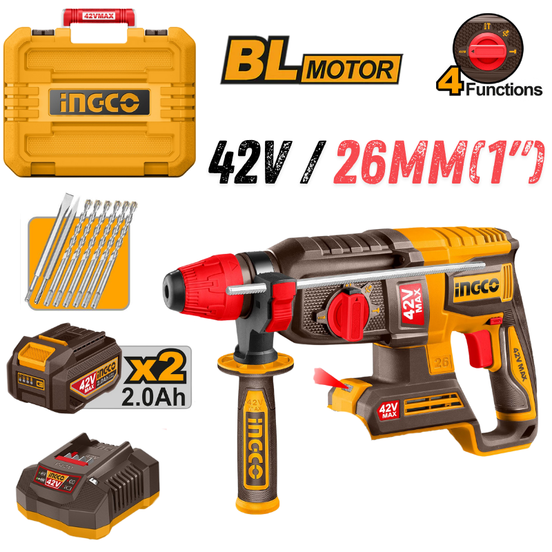 INGCO CRHLI422682, 42V Brushless SDS-PLUS Cordless Rotary Hammer Set, 26MM, With Accessories Set Main image