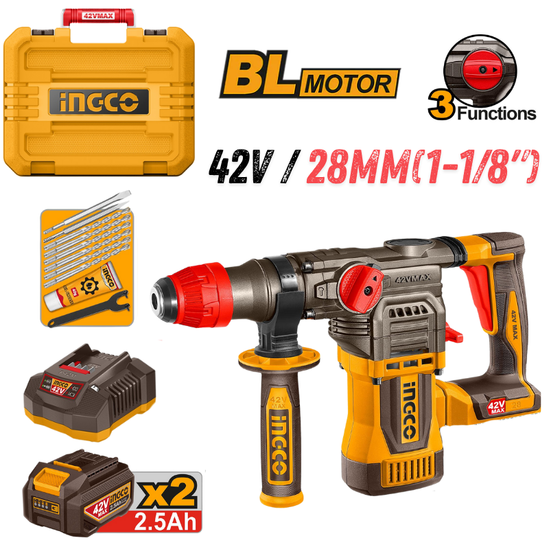 INGCO CRHLI422882, 42V Brushless SDS-PLUS Cordless Rotary Hammer Set, 28MM, With Accessories Set Main image