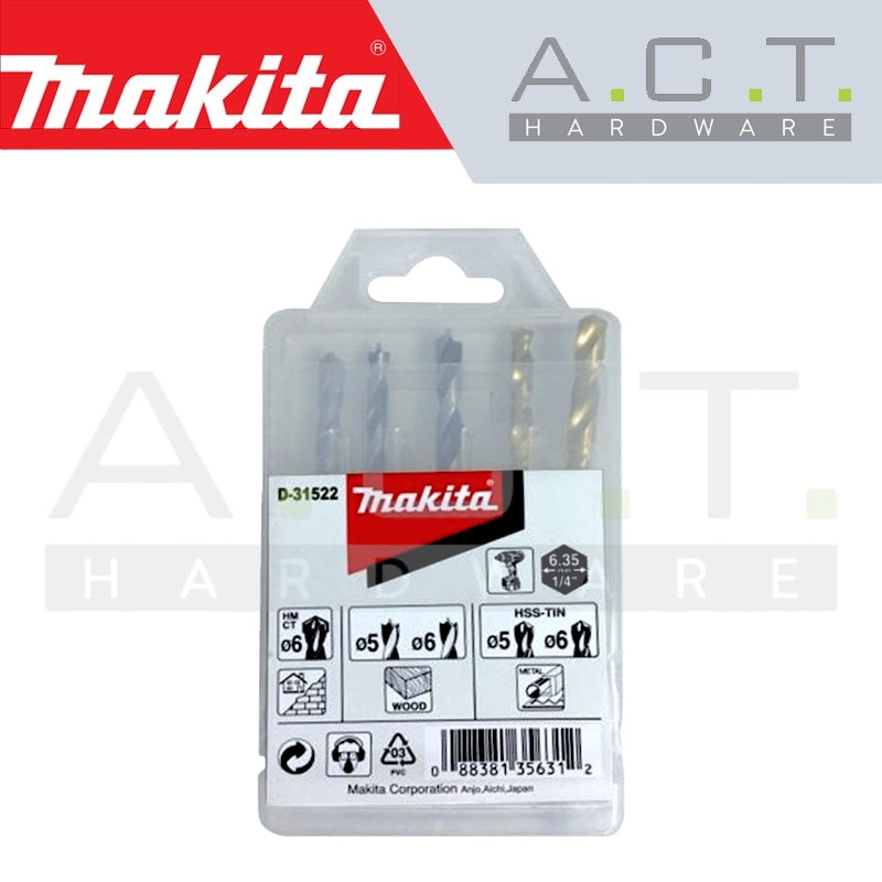 MAKITA (WOOD / METAL) HSS-TIN DRILL BIT SET FOR 1/4" HEX SHANK (5PCS), D-31522 Main image