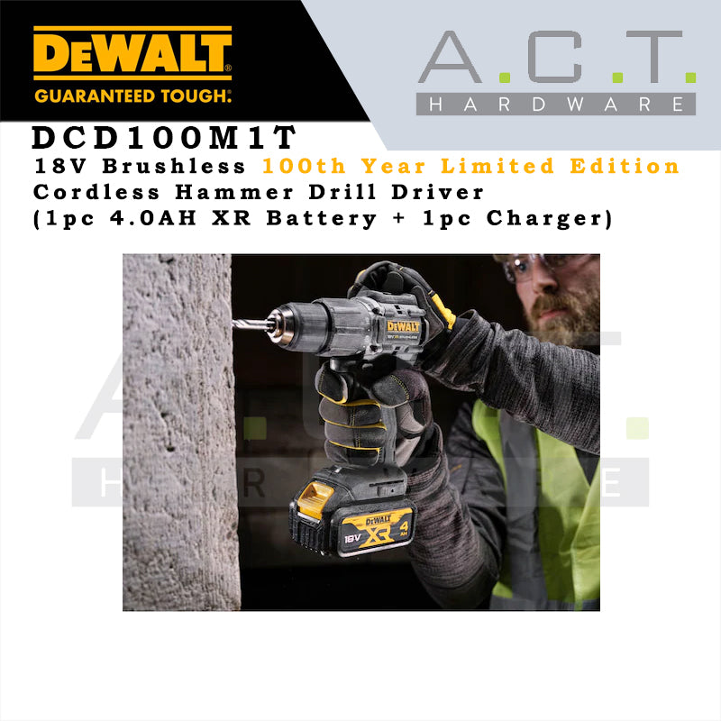 DEWALT DCD100M1T 18V CORDLESS BRUSHLESS HAMMER DRIVER DRILL, COMES WITH 1PC 4.0AH BATTERY AND 1PC CHARGER [100TH YEAR LIMITED EDITION]