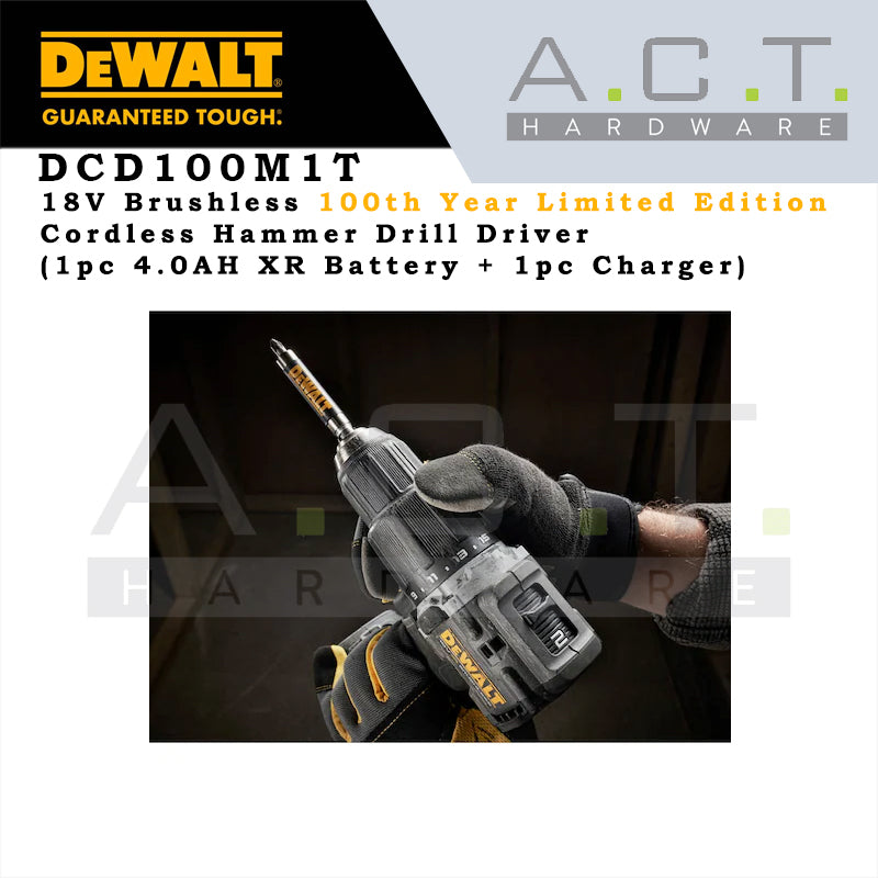 DEWALT DCD100M1T 18V CORDLESS BRUSHLESS HAMMER DRIVER DRILL, COMES WITH 1PC 4.0AH BATTERY AND 1PC CHARGER [100TH YEAR LIMITED EDITION]