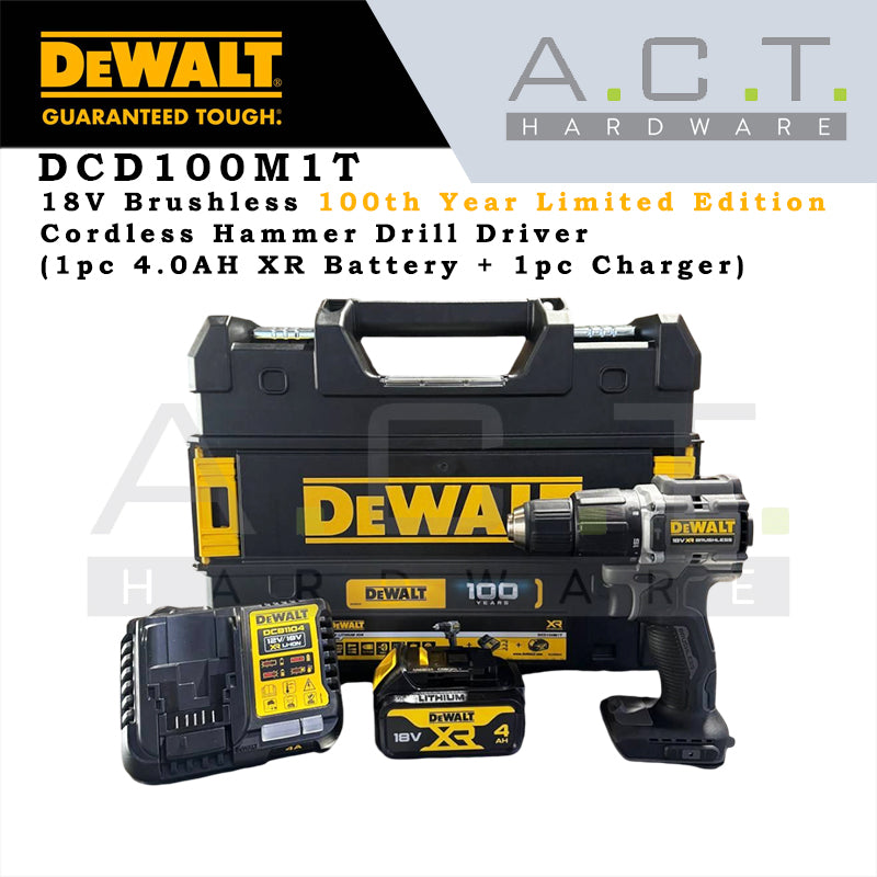 DEWALT DCD100M1T 18V CORDLESS BRUSHLESS HAMMER DRIVER DRILL, COMES WITH 1PC 4.0AH BATTERY AND 1PC CHARGER [100TH YEAR LIMITED EDITION]