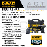 DEWALT DCD100M1T 18V CORDLESS BRUSHLESS HAMMER DRIVER DRILL, COMES WITH 1PC 4.0AH BATTERY AND 1PC CHARGER [100TH YEAR LIMITED EDITION]
