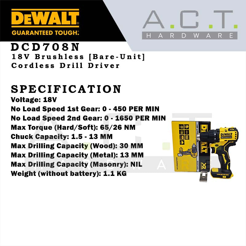 DEWALT DCD708N 18V XR CORDLESS BRUSHLESS HAMMER DRIVER DRILL [BARE UNIT]