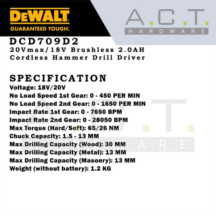 DEWALT DCD709D2 20V XR CORDLESS BRUSHLESS HAMMER DRIVER DRILL 2.0AH