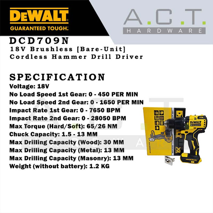 DEWALT DCD709N 18V XR CORDLESS BRUSHLESS HAMMER DRIVER DRILL [BARE-UNIT]