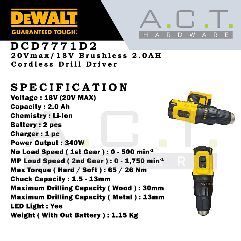 DEWALT DCD7771D2 20V CORDLESS BRUSHLESS DRIVER DRILL 2.0AH Secondary image