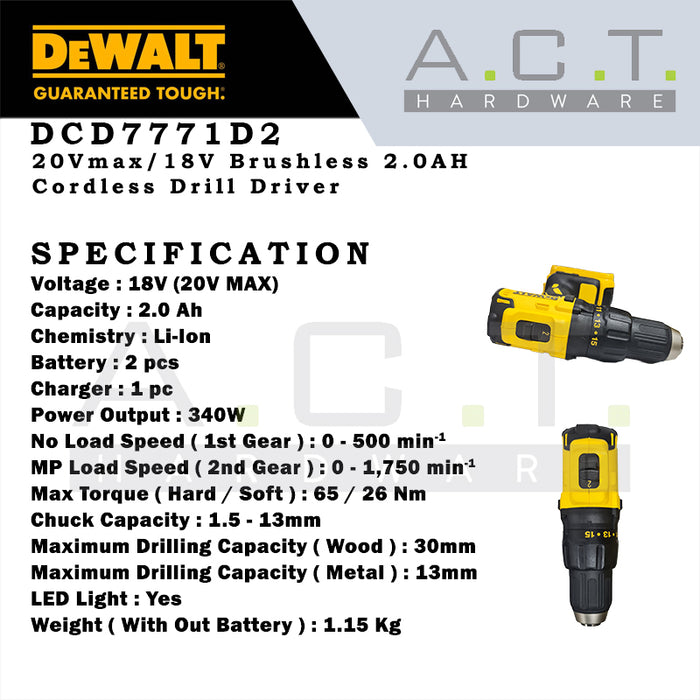 DEWALT DCD7771D2 20V CORDLESS BRUSHLESS DRIVER DRILL 2.0AH