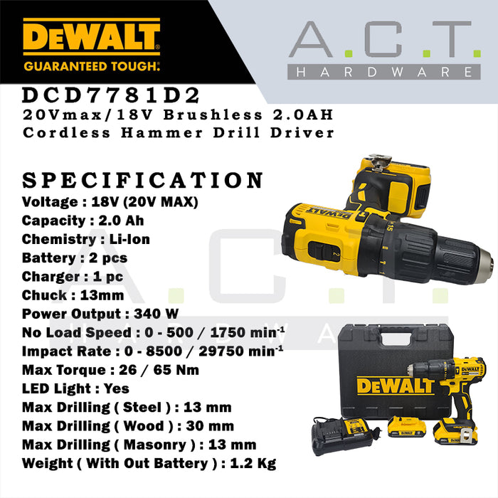 DEWALT DCD7781D2 20V CORDLESS BRUSHLESS HAMMER DRIVER DRILL 2.0AH