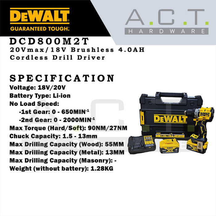 DEWALT DCD800M2T 20V XR CORDLESS BRUSHLESS DRIVER DRILL 4.0AH