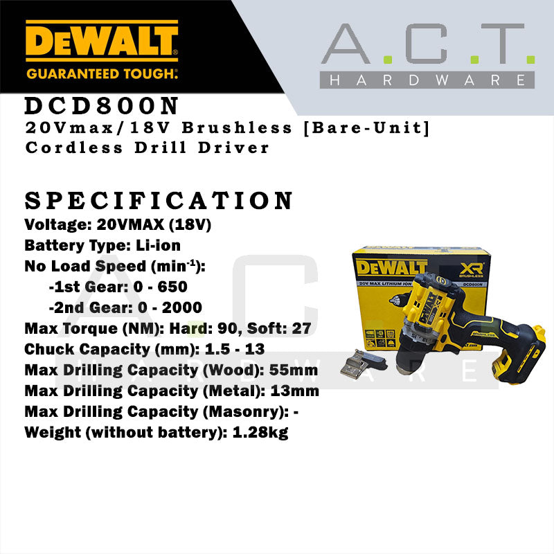 DEWALT DCD800N 20V CORDLESS BRUSHLESS DRIVER DRILL [BARE UNIT]