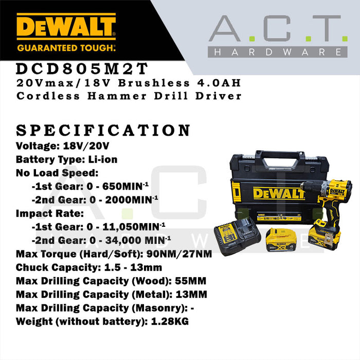 DEWALT DCD805M2T 20V XR CORDLESS BRUSHLESS HAMMER DRIVER DRILL 4.0AH