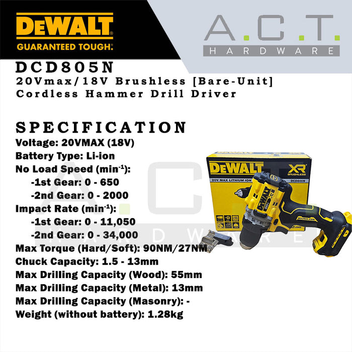 DEWALT DCD805N 20V CORDLESS BRUSHLESS HAMMER DRIVER DRILL [BARE]