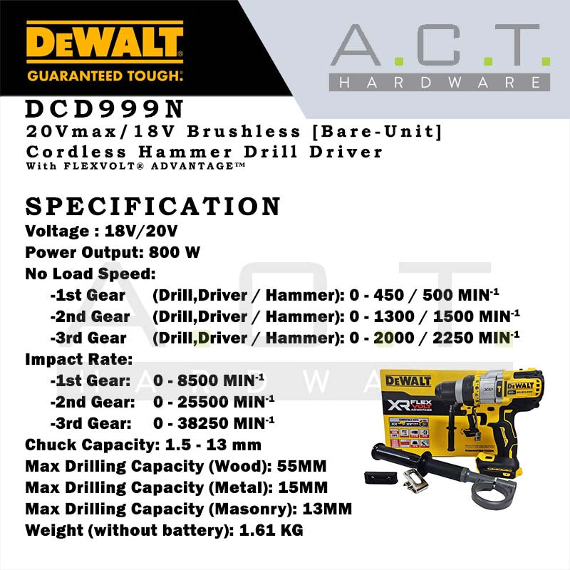 DEWALT DCD999N 20V FVA CORDLESS BRUSHLESS HIGH TORQUE HAMMER DRIVER DRILL [BARE]