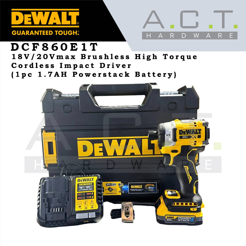 DEWALT DCF860E1T 20VMAX/18V XR CORDLESS BRUSHLESS IMPACT DRIVER 1/4" 3-SPEED HIGH TORQUE, COMES WITH 1PC 1.7AH POWERSTACK BATTERY AND 1PC CHARGER Main image