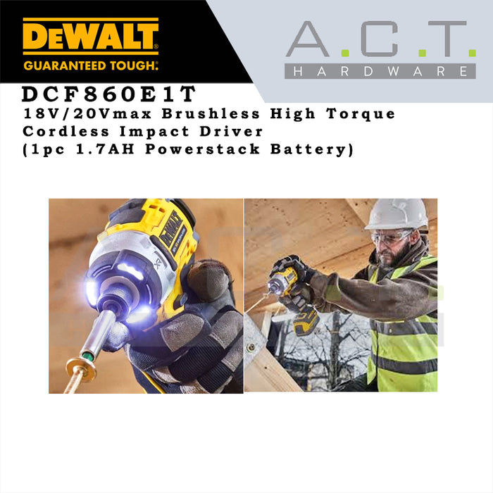 DEWALT DCF860E1T 20VMAX/18V XR CORDLESS BRUSHLESS IMPACT DRIVER 1/4" 3-SPEED HIGH TORQUE, COMES WITH 1PC 1.7AH POWERSTACK BATTERY AND 1PC CHARGER