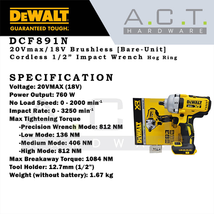 DEWALT DCF891N 20V XR CORDLESS BRUSHLESS 1/2" HOG RING IMPACT WRENCH [BARE UNIT]