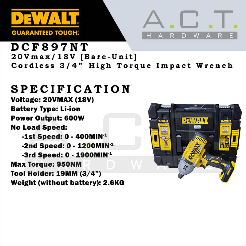 DEWALT DCF897NT 20V XR ATOMIC CORDLESS BRUSHLESS 3/4" HOG RING IMPACT WRENCH [BARE UNIT]