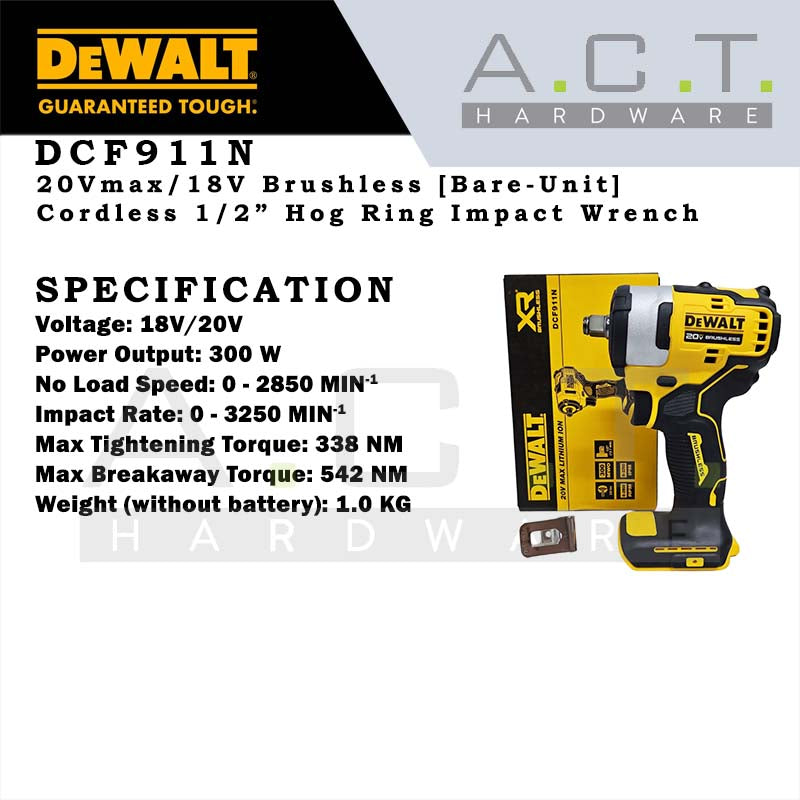 DEWALT DCF911N  20V XR ATOMIC CORDLESS BRUSHLESS 1/2" HOG RING IMPACT WRENCH [BARE UNIT]