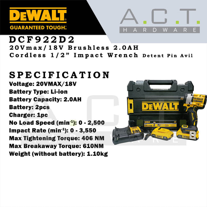 DEWALT DCF922D2 20V XR ATOMIC CORDLESS BRUSHLESS 1/2" IMPACT WRENCH 2.0AH