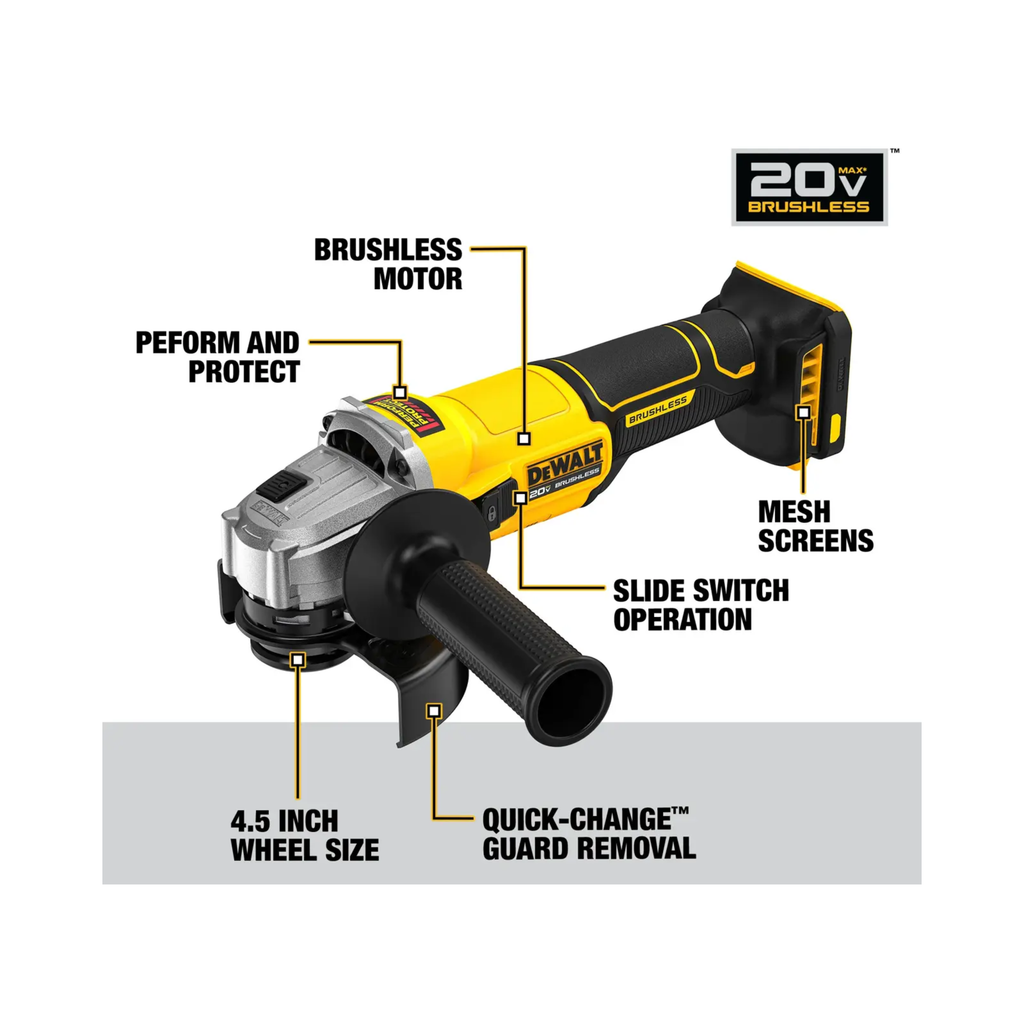 DEWALT DCG407P2T, 20V MAX BRUSHLESS CORDLESS 4"/ 100MM ANGLE GRINDER (SLIDE SWITCH)