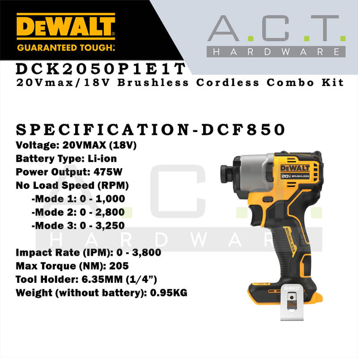 DEWALT DCK2050P1E1T 20V XR CORDLESS BRUSHLESS COMBO SET (IMPACT DRIVER DCF850 + HAMMER DRIVER DRILL DCD805)