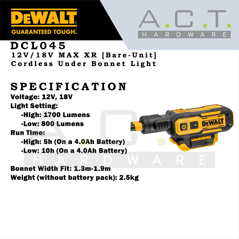 DEWALT DCL045 12V/18V XR CORDLESS UNDER BONNET LIGHT [BARE UNIT]