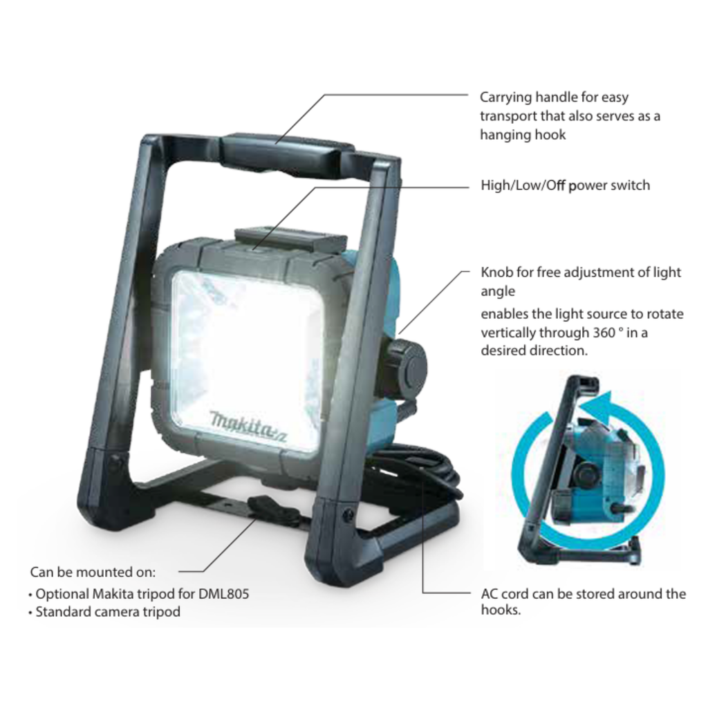 MAKITA DML805, 220V CORDED AND 18V CORDLESS LED WORKLIGHT, 750 LUMENS