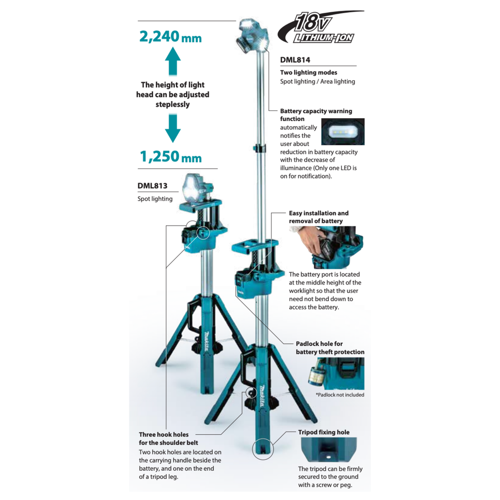 MAKITA DML814, 18V CORDLESS LED TRIPOD WORKLIGHT, 3000 LUMENS