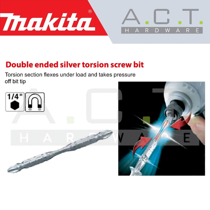 MAKITA 3PC MAGNETIC DOUBLE ENDED SILVER TORSION SCREW BIT, PH2, E-FORM, 85MM, A-49585