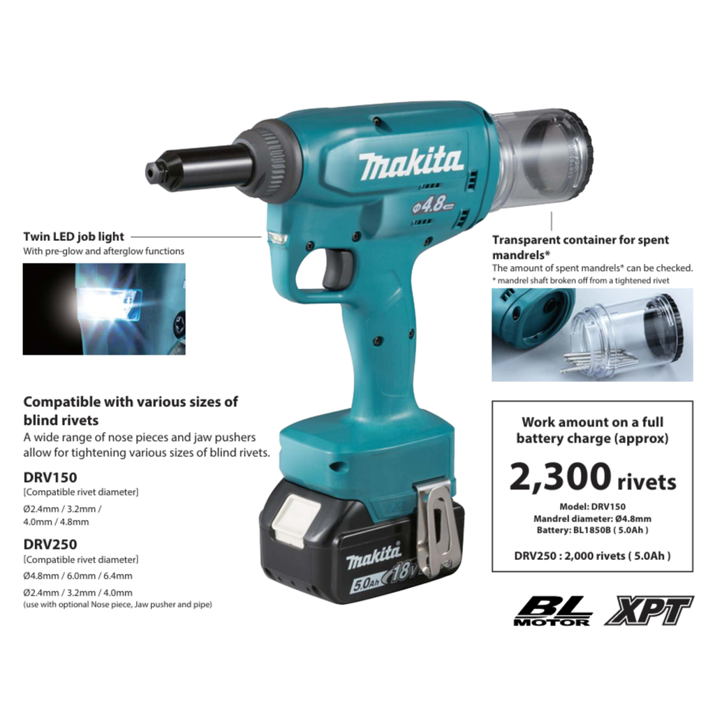 MAKITA DRV250Z, 18V CORDLESS BRUSHLESS RIVET GUN (BARE UNIT)