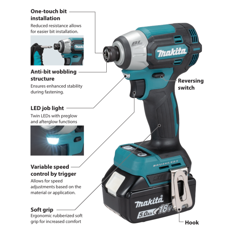 MAKITA DTD201, 18V CORDLESS BRUSHLESS IMPACT DRIVER, 4 SPEED MODES, 210NM, T-MODE FUNCTION