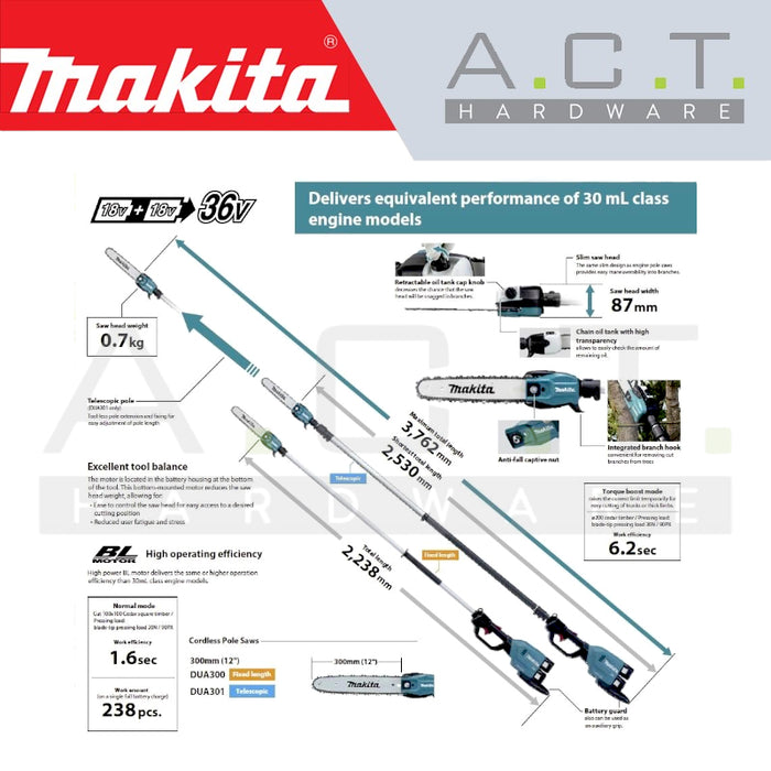 MAKITA DUA301ZB CORDLESS TELESCOPIC POLE SAW