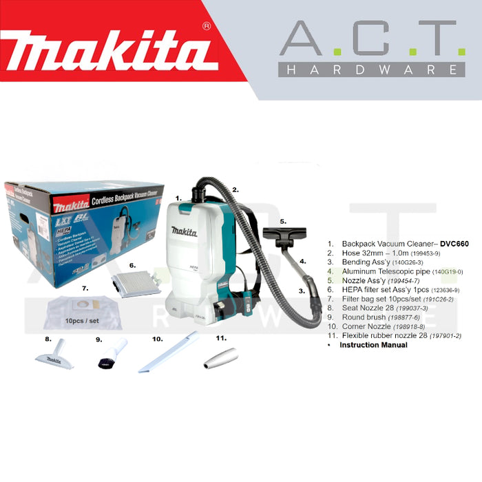 MAKITA DVC660ZX7 CORDLESS BACKPACK VACUUM CLEANER