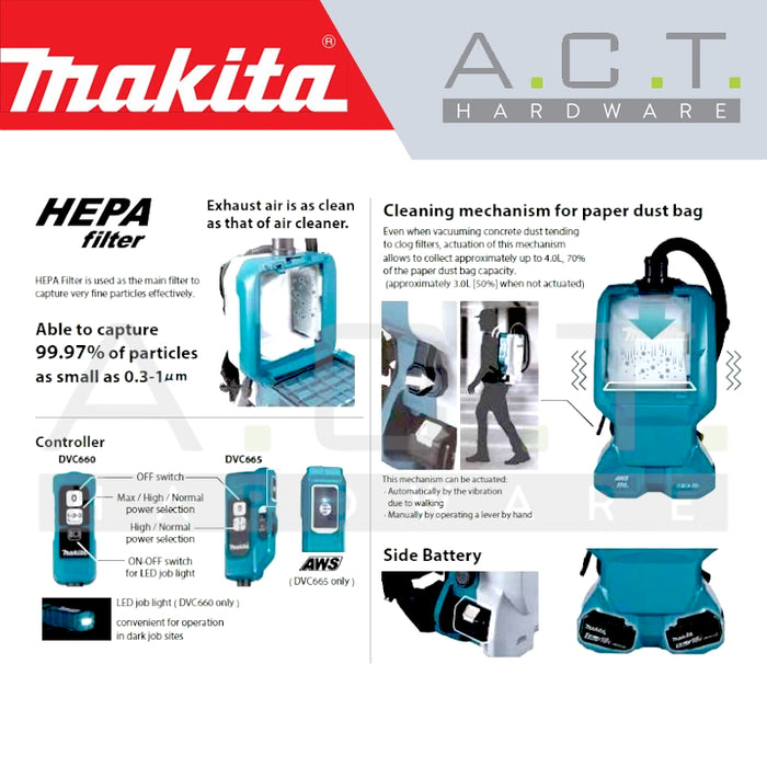 MAKITA DVC665Z CORDLESS BACKPACK VACUUM CLEANER