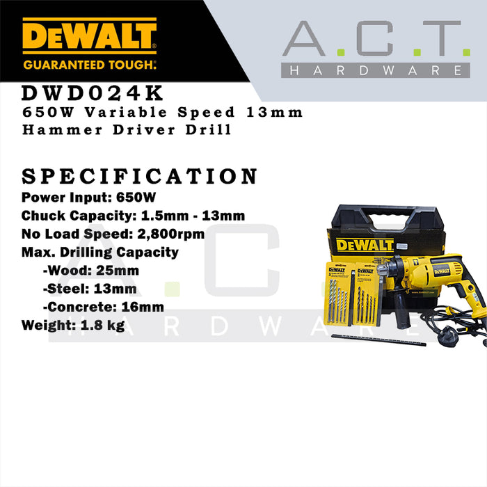 DEWALT DWD024K HAMMER DRIVER DRILL 13MM VARIABLE SPEED 650W