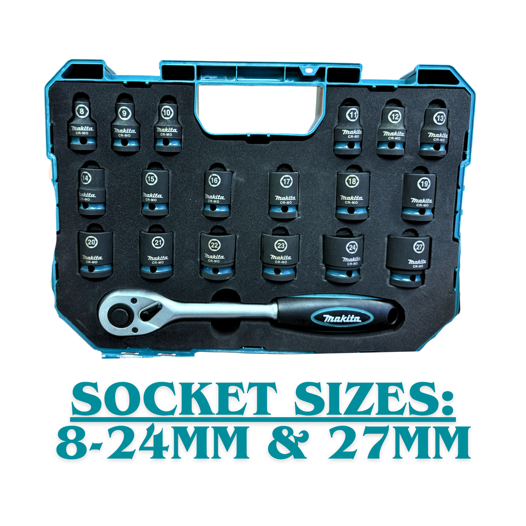 MAKITA E-30069, 19PCS 1/2" SQ DR IMPACT BLACK RATCHET SOCKET SET