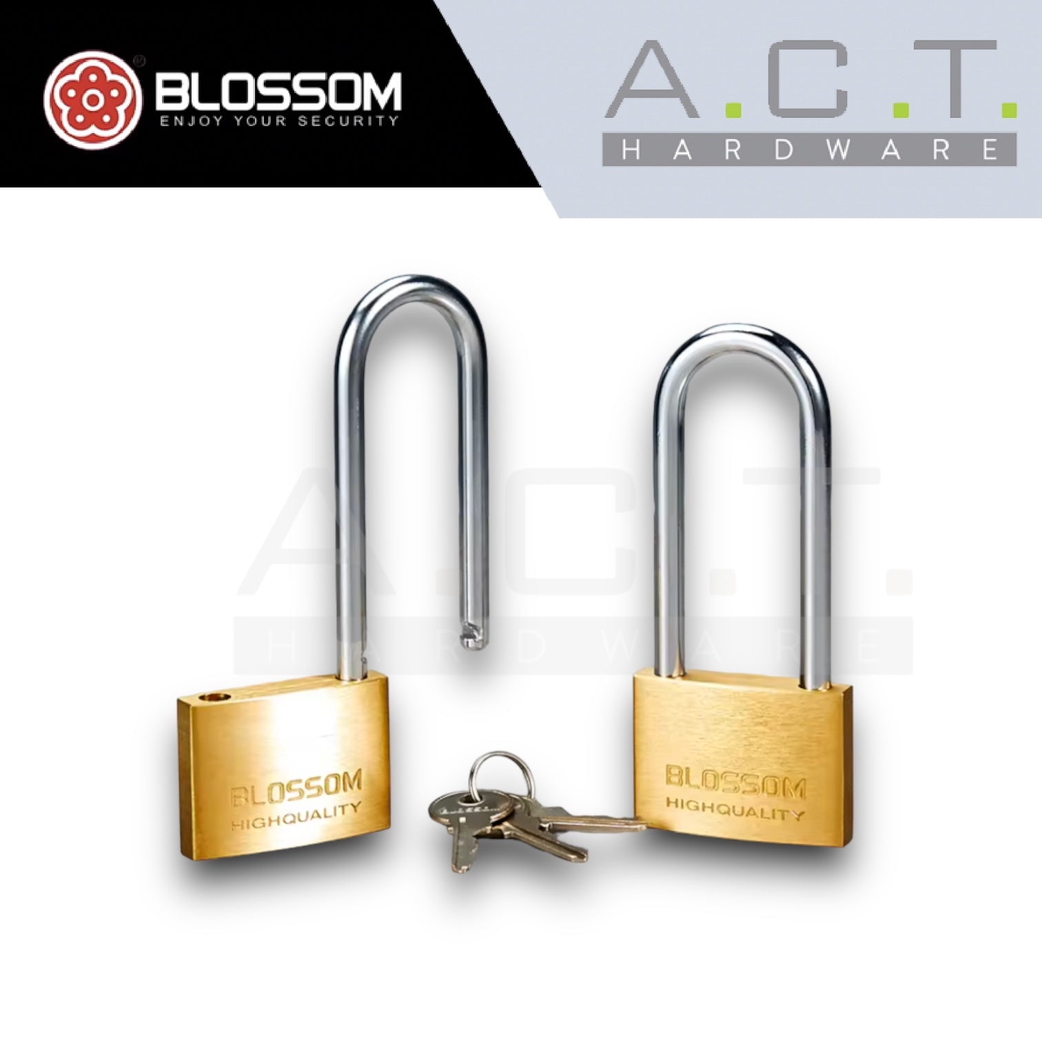 BLOSSOM HIGH SECURITY SOLID BRASS PADLOCK, LONG SHACKLE, BC16L Main image