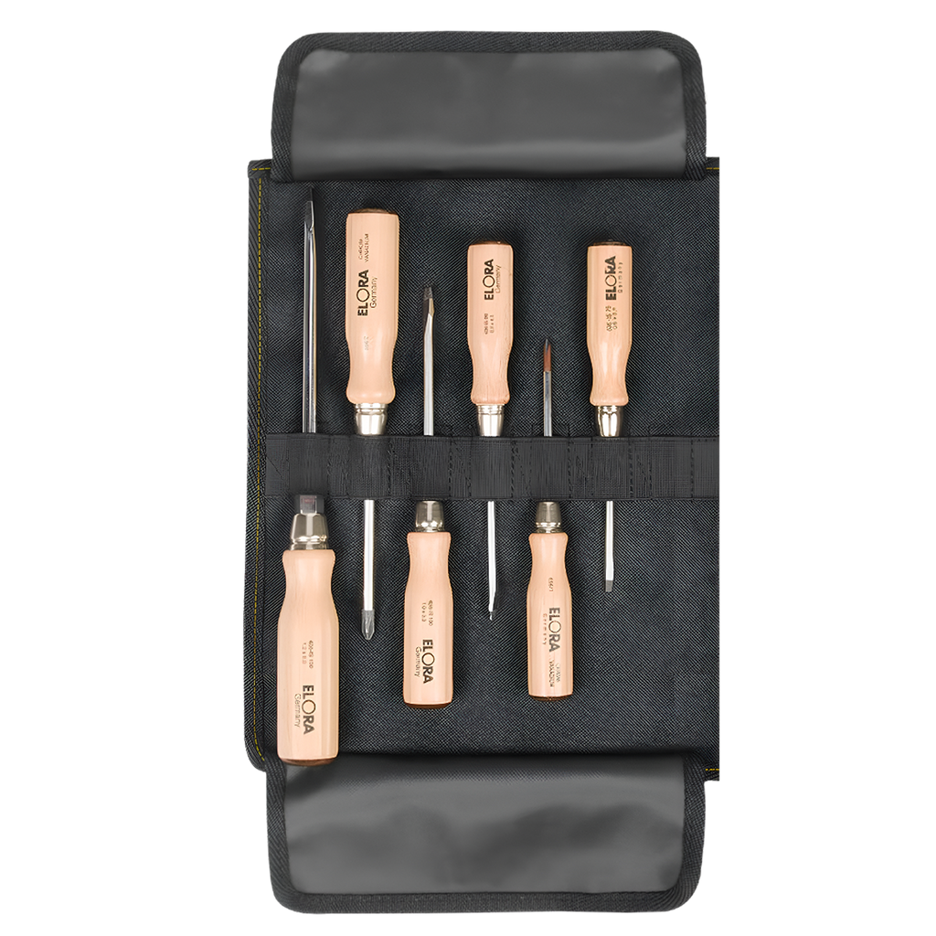 ELORA JUBI 600-S6 SCREWDRIVER SET WOODEN HANDLE ROLL UP BAG