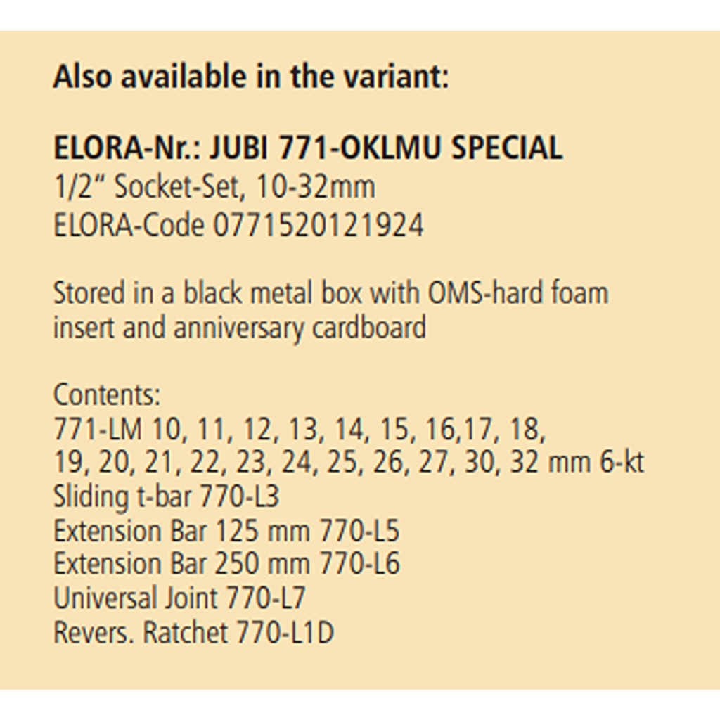 ELORA JUBI 771-OKLMU 1/2" SOCKET SET 10-32MM