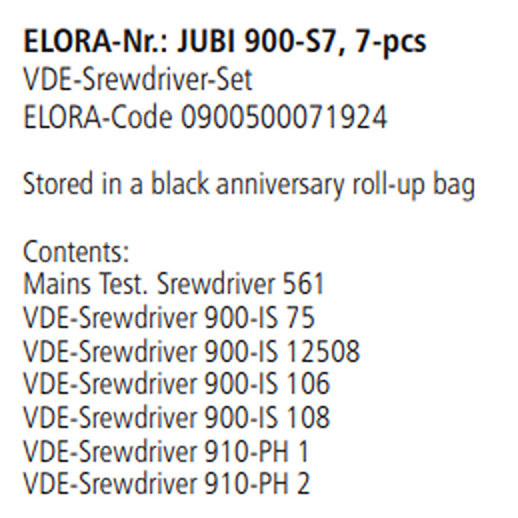 ELORA JUBI 900-S7 VDE SCREWDRIVER SET ROLL UP BAG 7PCS