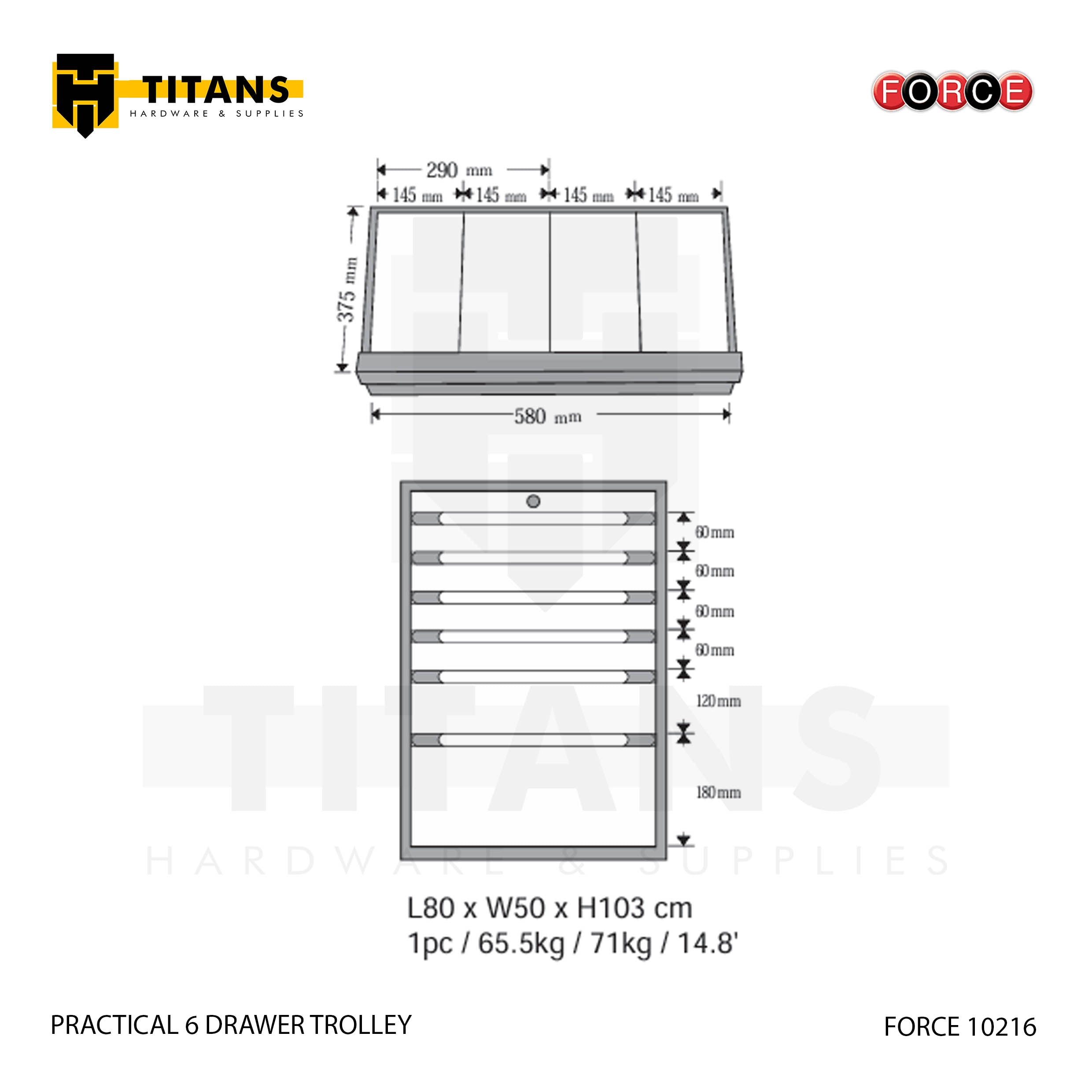(FORCE 10216) PRACTICAL 6 DRAWER TROLLEY, EMPTY Secondary image