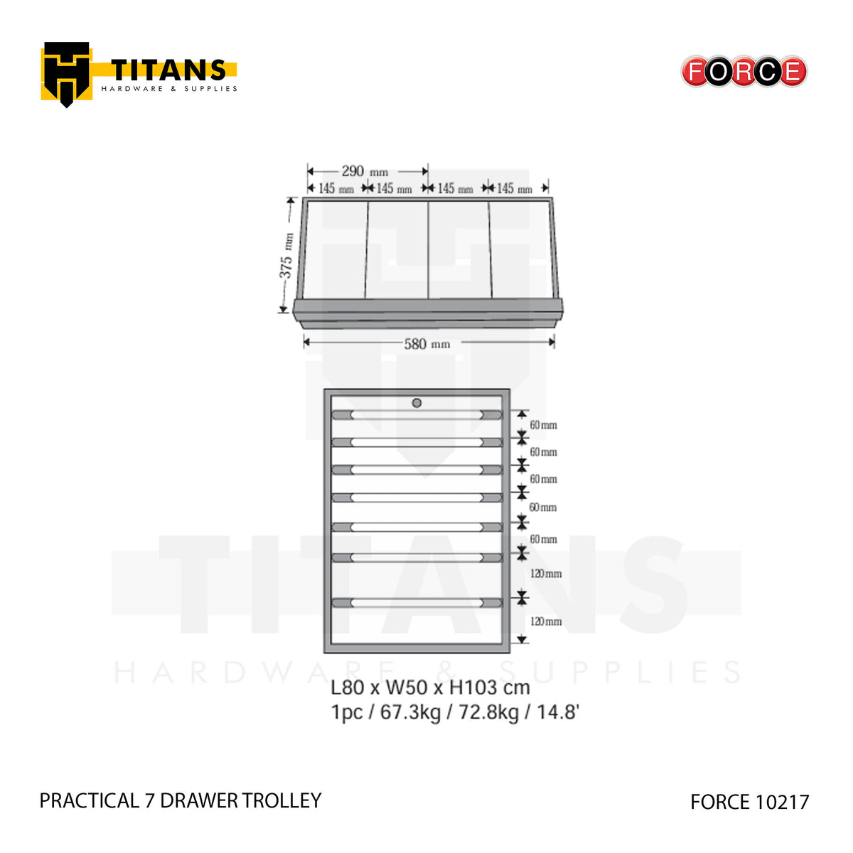(FORCE 10217) PRACTICAL 7 DRAWER TROLLEY, EMPTY