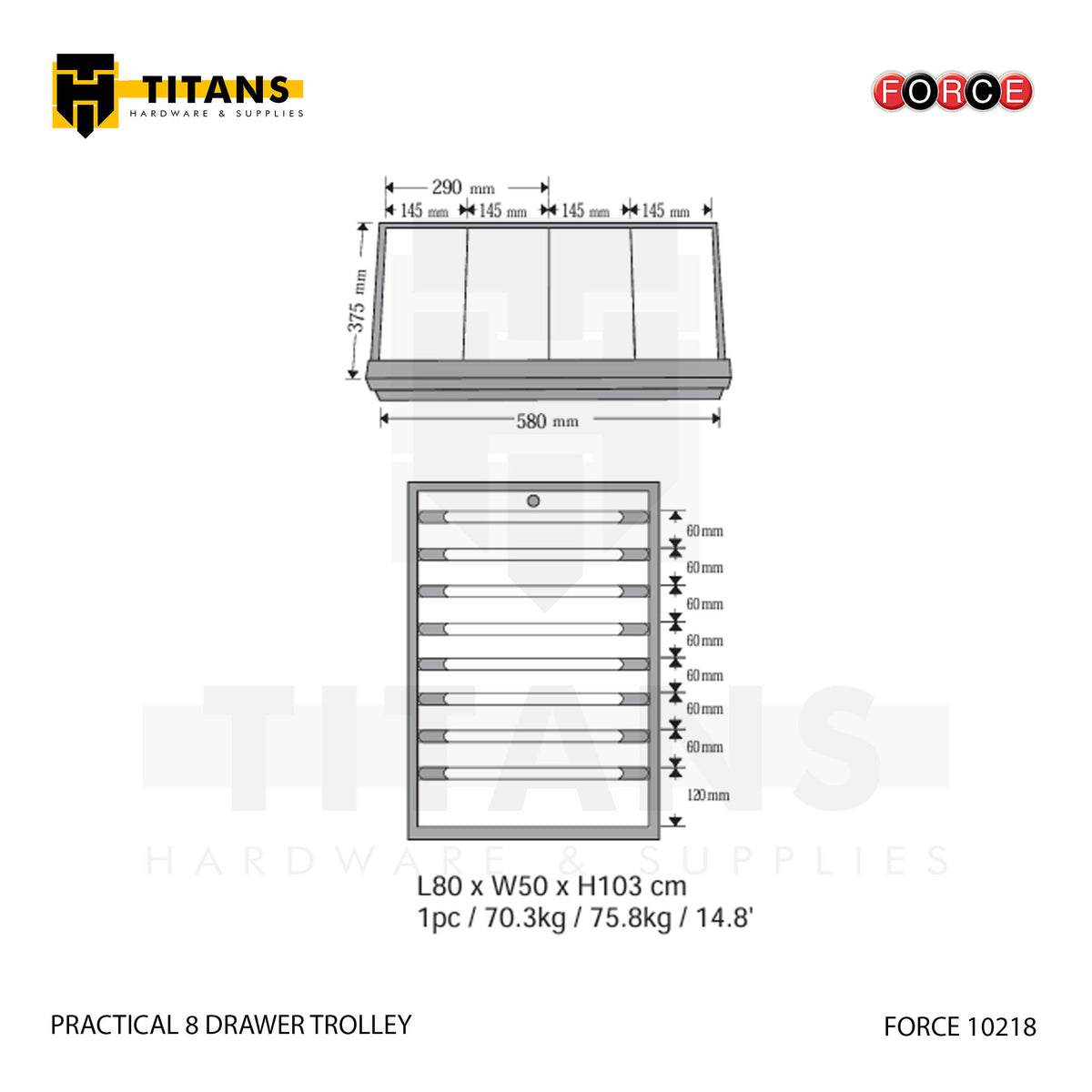 (FORCE 10218) PRACTICAL 8 DRAWER TROLLEY, EMPTY