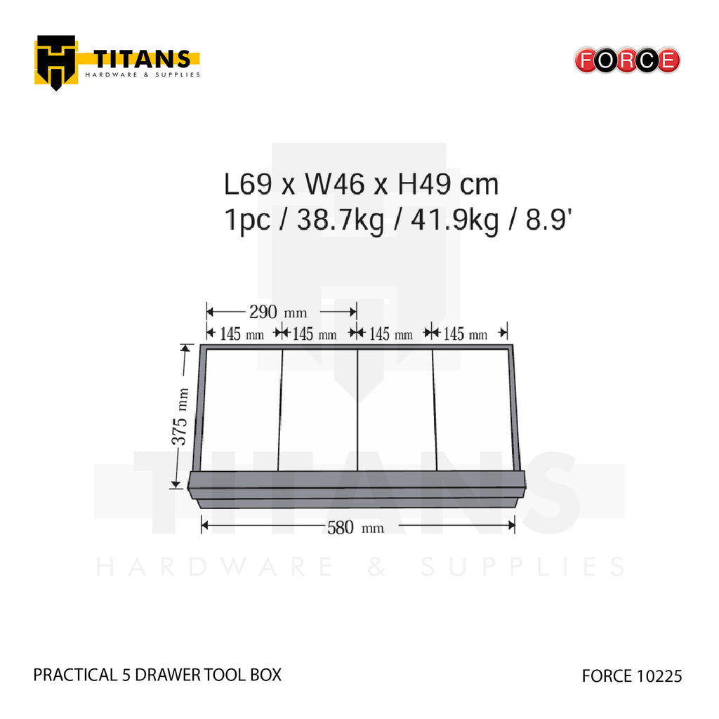 (FORCE 10225) PRACTICAL 5 DRAWER TOOL BOX, EMPTY