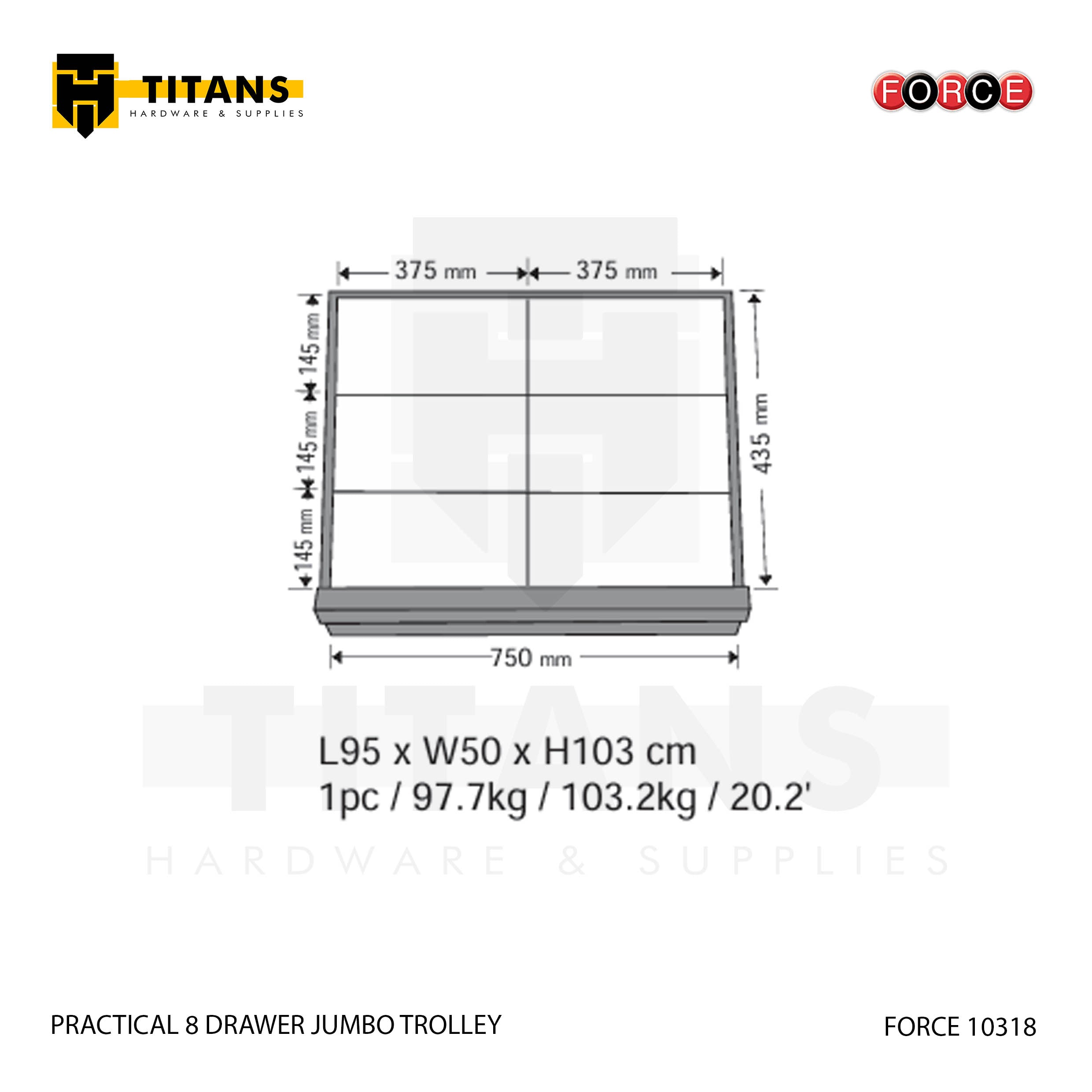 (FORCE 10318) PRACTICAL 8 DRAWER JUMBO TOOL TROLLEY, EMPTY Secondary image