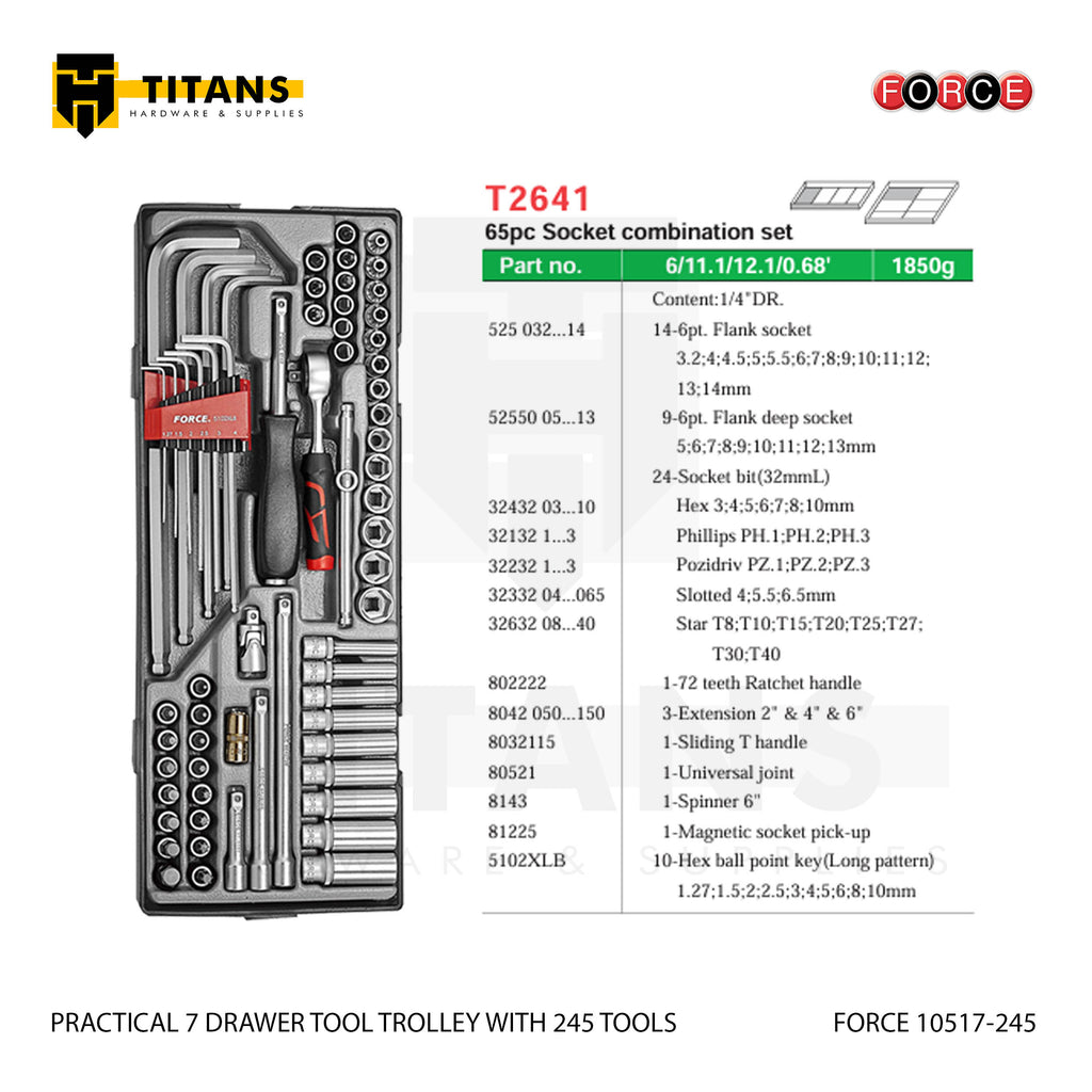 (FORCE 10517-245) PRACTICAL 7 DRAWER TOOL TROLLEY WITH 245 TOOLS